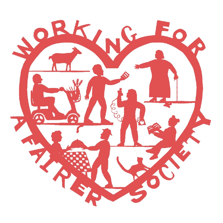 Heart shaped logo with figures inside representing different people. Wording says working for a fairer society.